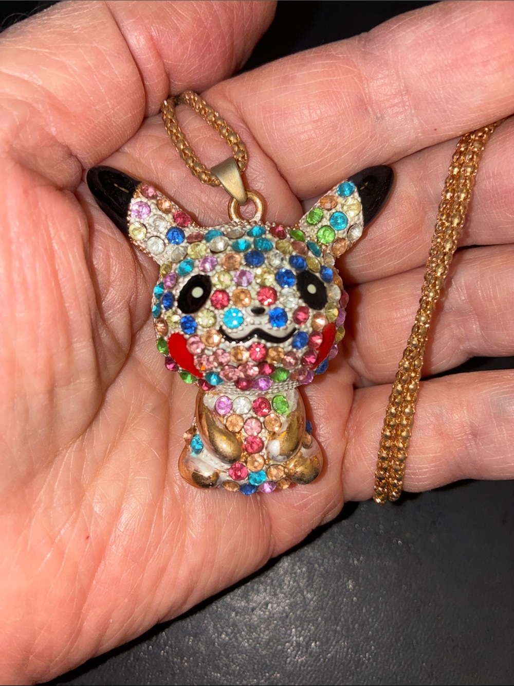 Gold-Tone Multicolor Crystal Pikachu Pendant Necklace - Cute Character Pendant